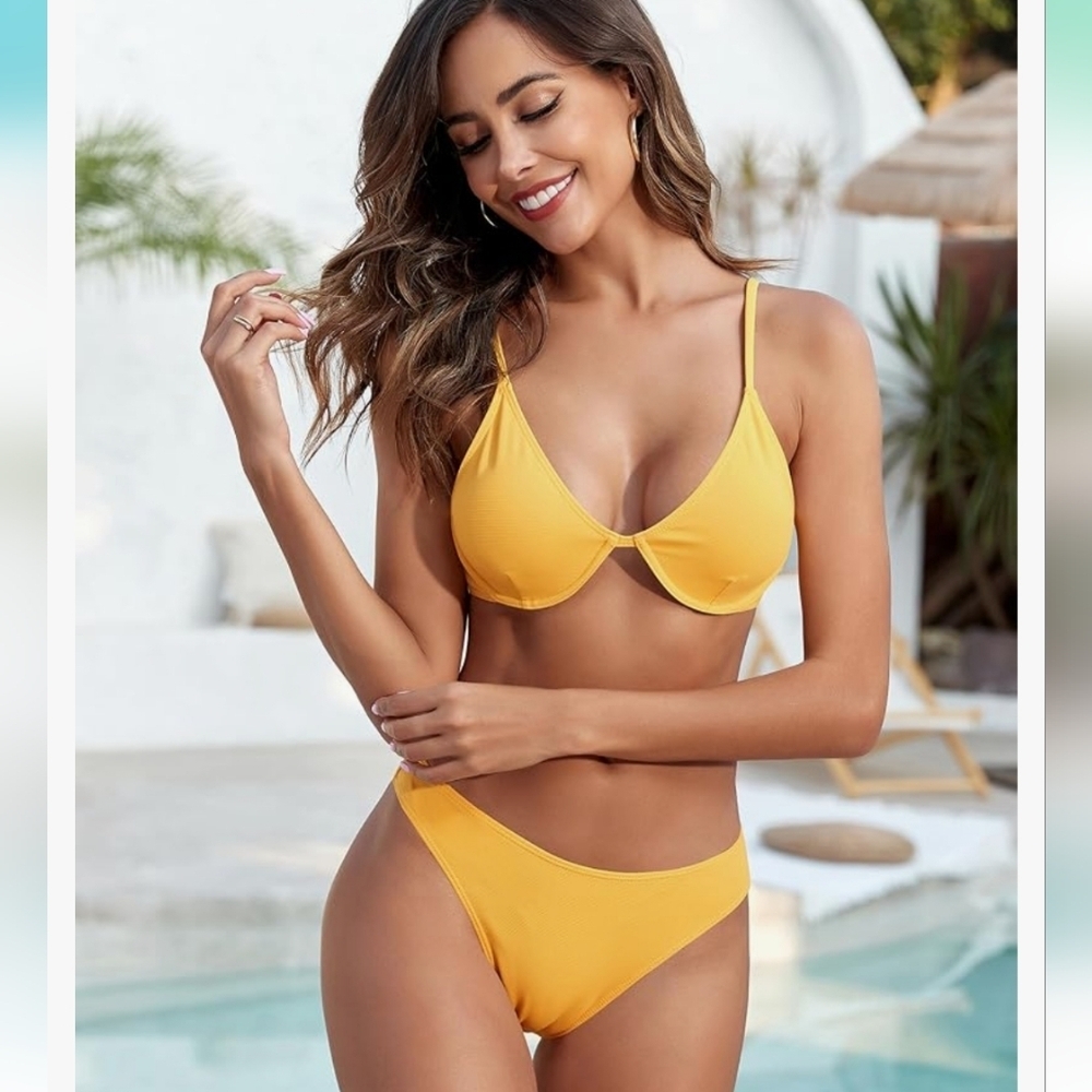Underwire‎ Bikini Sets Ribbed Bathing Suit High Cut Set yellow Sz L